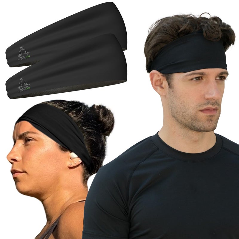 Temple Tape Value 2-Pack, Mens Headband - Guys Sweatband & Sports Headbands Moisture Wicking Workout Sweatbands for Running, Cross-Train, Skiing and bike helmet friendly - Value Pack - 2-Black Sweatbands - 2 Pack - Image 1